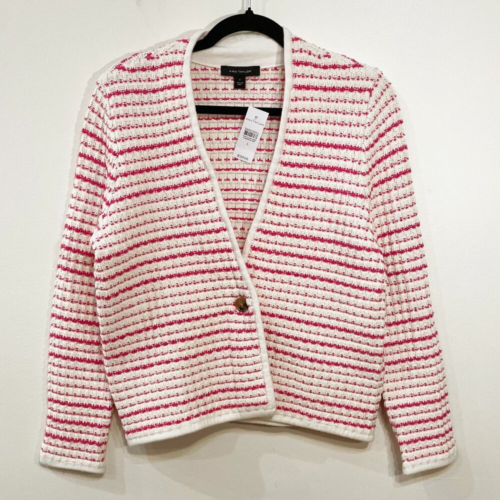 New Ann Taylor Cotton Blend Tweed Cardigan Cream Pink Small $129